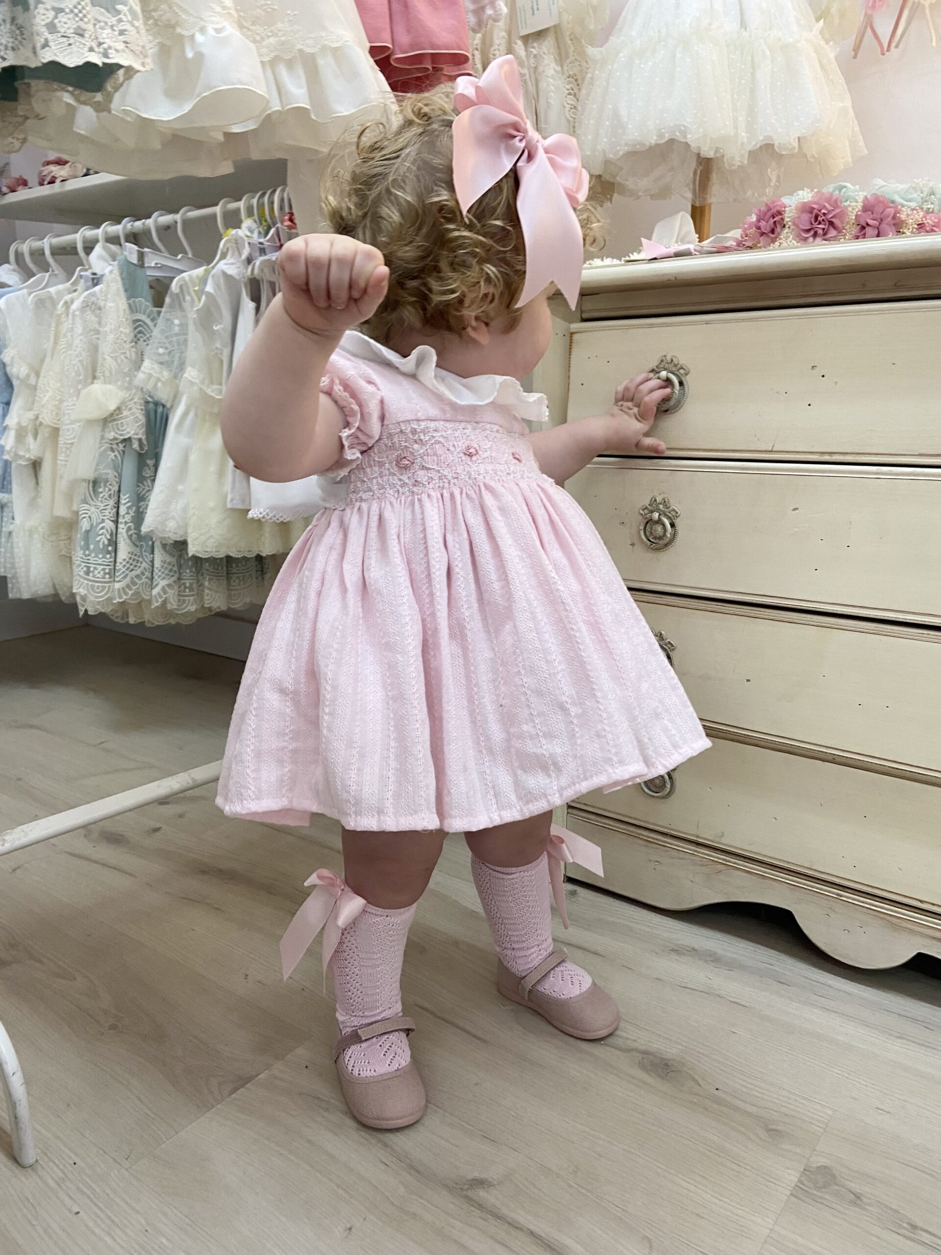 Vestido de niña y bebé punto smock rosa